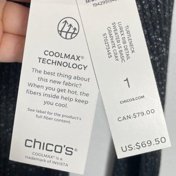 NWT Chico's Graphite Gray Sparkle Lurex Ribbed Turtleneck Size: Medium - Picture 7 of 9